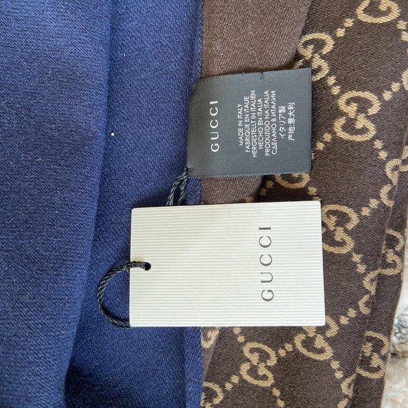 Authentic Gucci GG Logo Brown Blue 35x180cm/14”x71" Wool/Silk Shawl Scarf - Picture 7 of 10